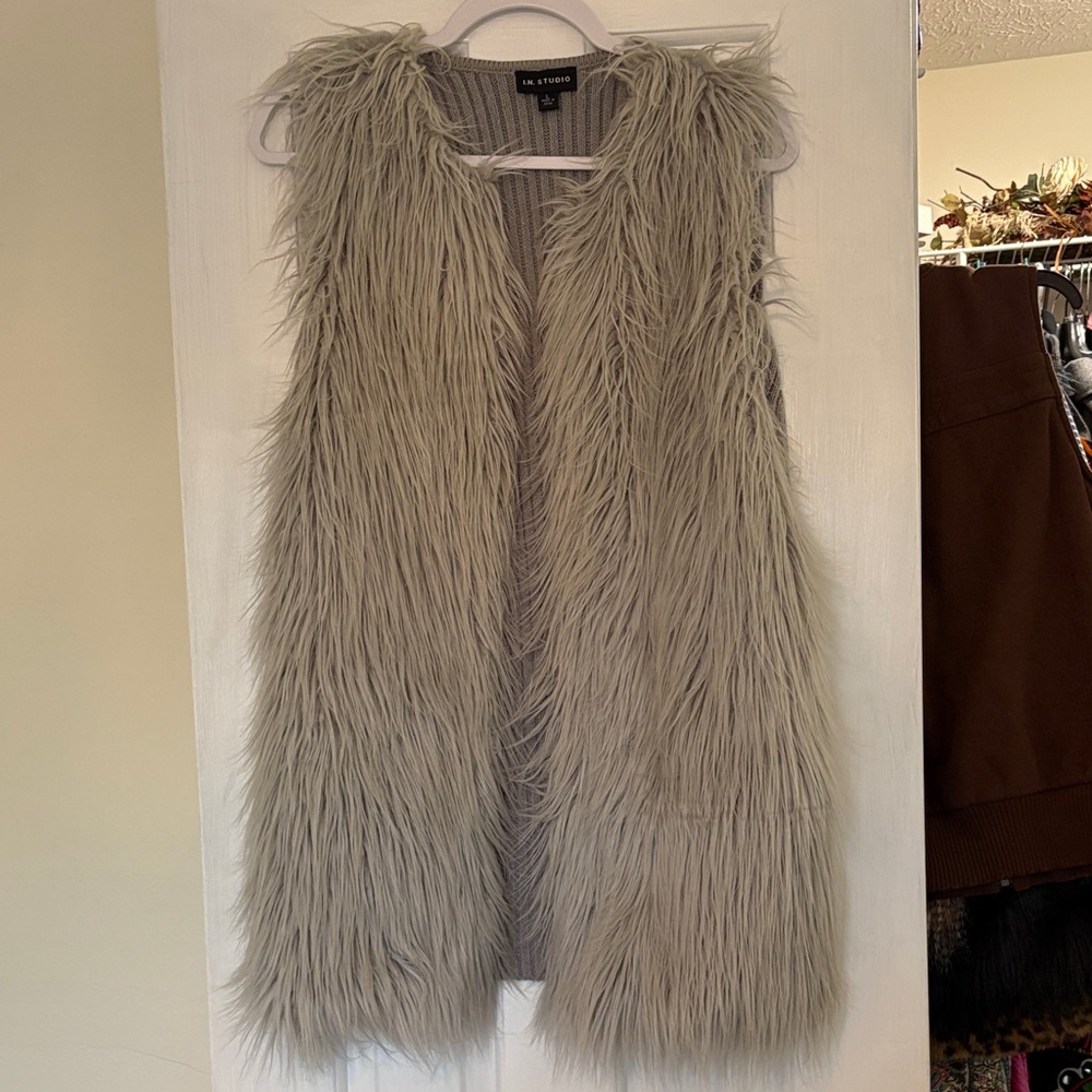 I.N. Studio Taupe Ribbed Knit Fur Sweater
